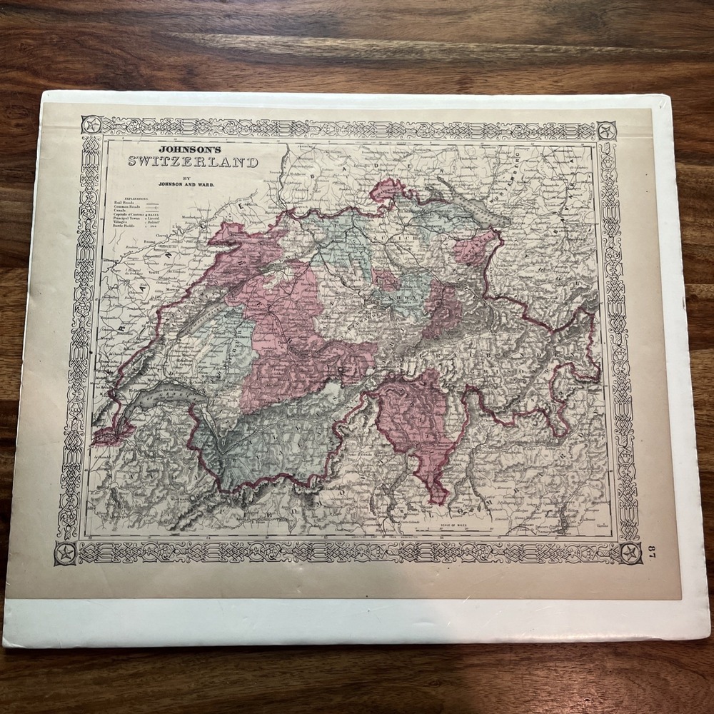 Antique 1860s Johnson & Ward Switzerland Map Hand Colored Original Atlas